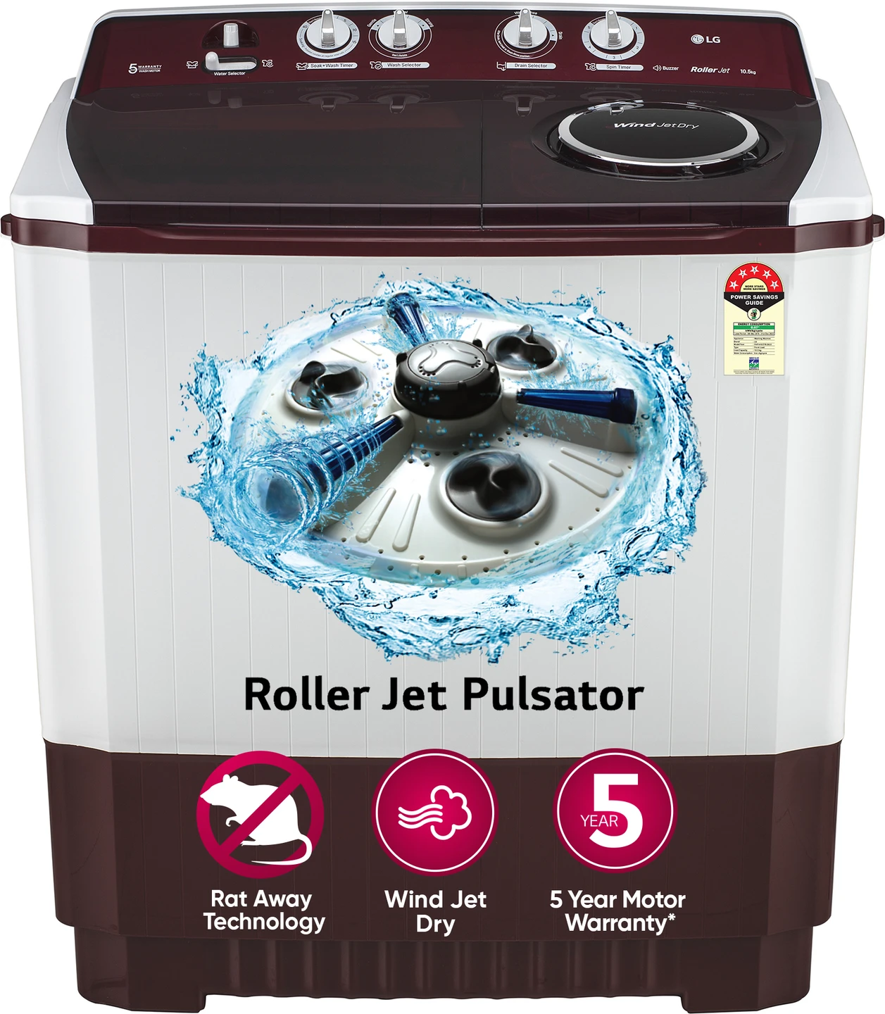 LG 10.5 kg Semi-Automatic Top Load Washing Machine – Maroon & White